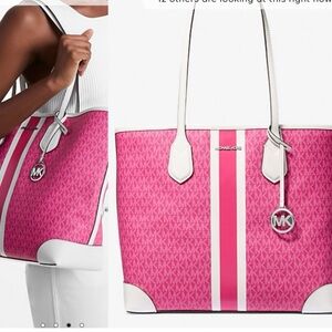 Michael Kors Eva Large Signature Logo Stripe Tote Bag W/ Pouch  NWT  Pink